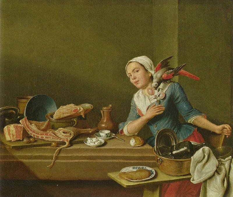 Peter Jakob Horemans Kuchenstillleben mit weiblicher Figur und Papagei oil painting image